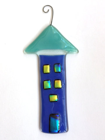 Kiln Art Glass Blue Ornamental House