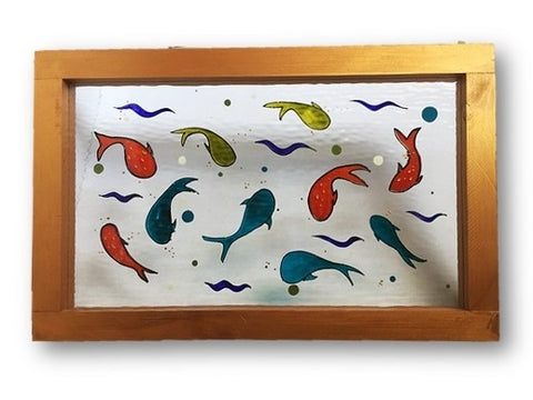 Hand painted in stained glass technique decorative glass window with fish