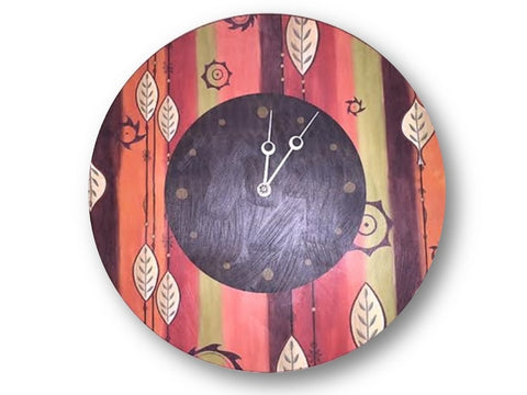 Round Wall Clock in Leaf Stripe Red by Janna Ugone